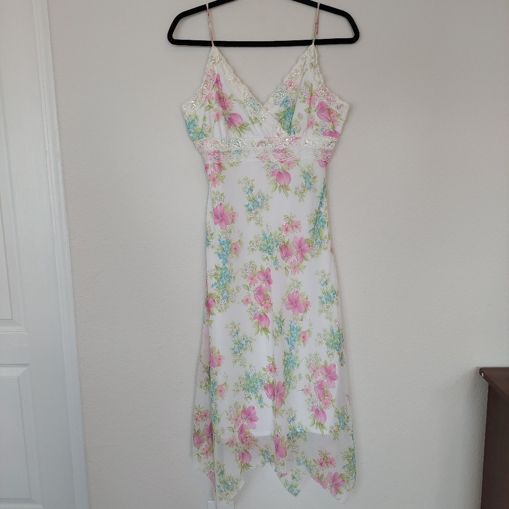 Vintage Y2k Lace Floral‎ Sequin Midi Fairy Asymmetrical Hem Midi Dress